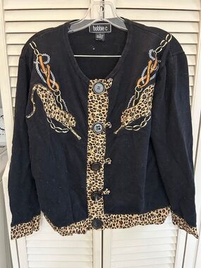 Bobbie C Black Leopard-Trim 100% cotton Button Front Sweater